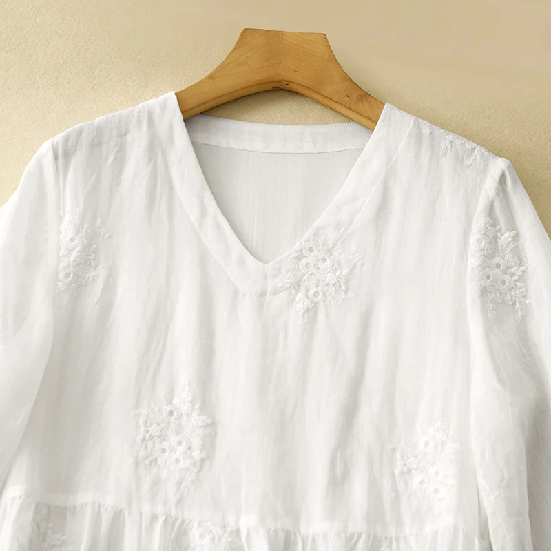 Verão novo v-ne bordado linho dupla camada longa dr lanterna sve emagrecimento a linha saia de cintura alta commute sle