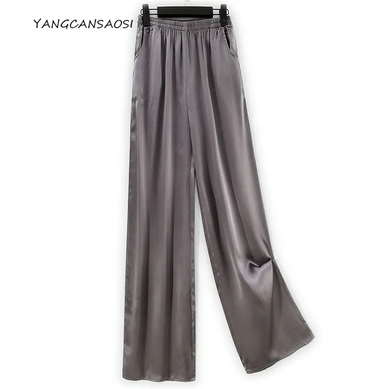 2025 Frauen Herbst Neue Schwere 100 % Natürliche Maulbeerseide Satin Tiefgrau Elastische Taille Tasche Design Beiläufige Gerade Hosen
