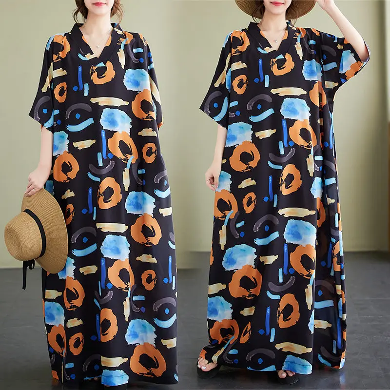 Vintage Ethnic Stylel Women Dress 2025 Summer Loose Large Size Clothing Literature Style Fashion Casual Long Dress C058