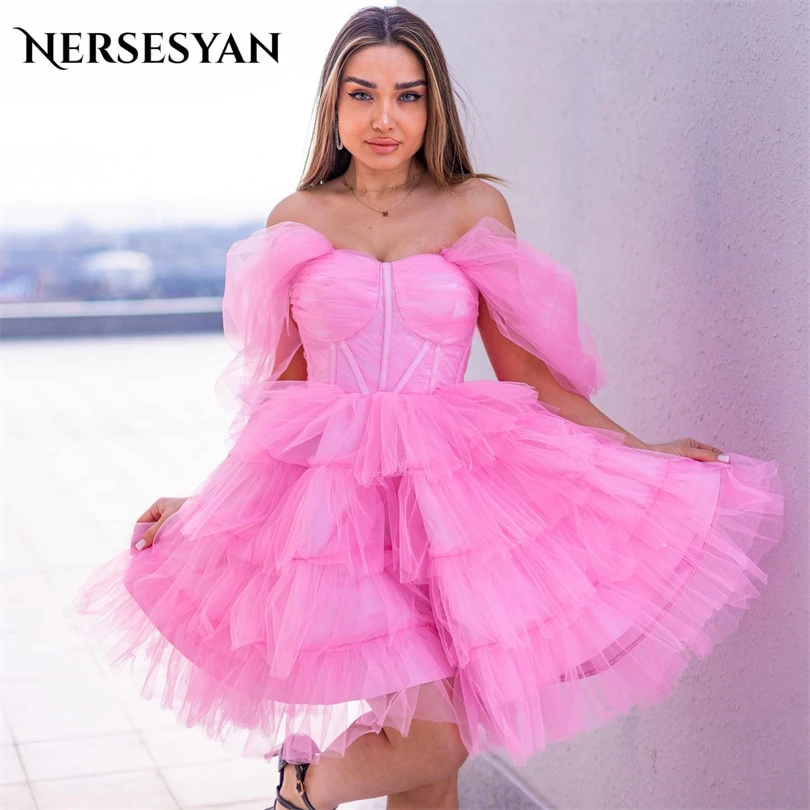 

Nersesyan Pink Tulle Mini Prom Gowns Off The Shoulder Tiered Pleats Party Gown A Line Draped Graduation Vestidos De Fiesta 2023