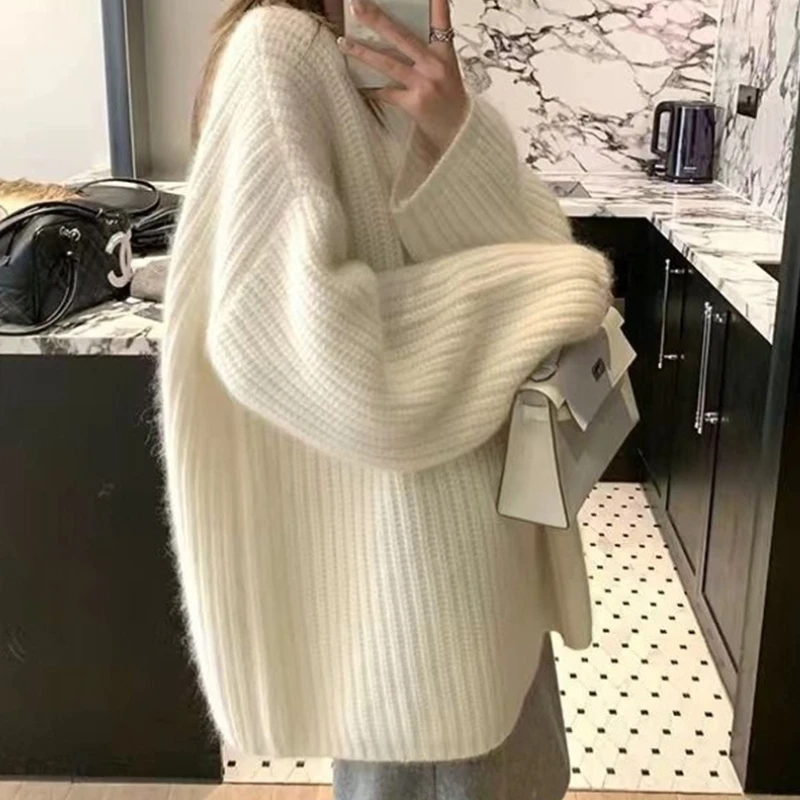 

Женские вязаные пуловеры, джемперы, однотонные свитера с круглым вырезом и длинными рукавами, свободный крой, офисные женские элегантные повседневные осенне-зимние 2025