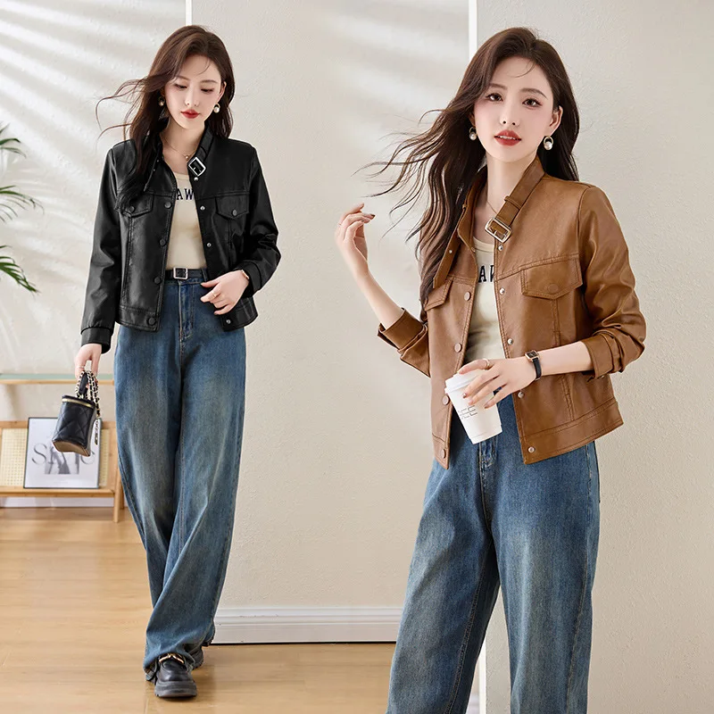 2024 Short leather jacket for women's spring  new small and fashionable high-end sheepskin jacket