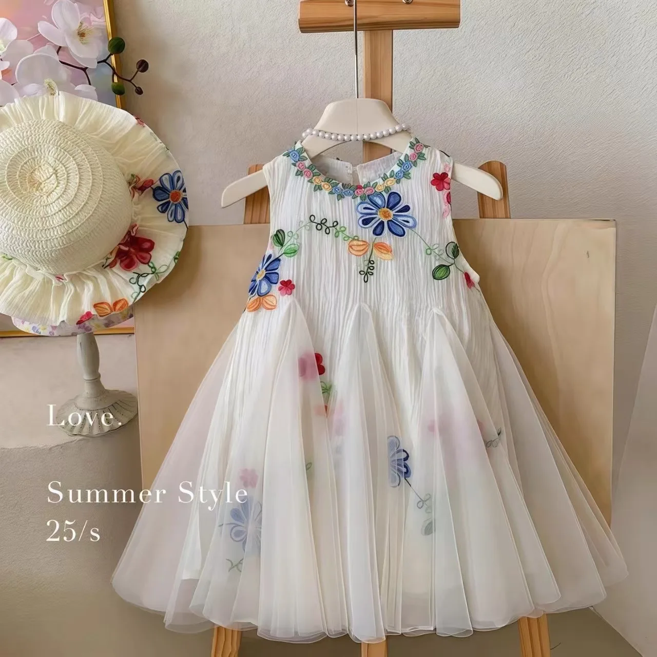 Girls Embroidered Flower Sleeveless Dress – Summer Princess Tank Gown for Toddlers, Casual Vacation Outfit view 3
