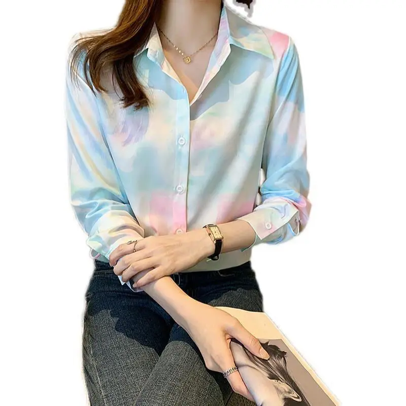 Fashion Gradient Tie Dye Single-breasted Blouse Women New Long Sleeve Polo Collar Comfortable Korean Office All-match Shirt 2022