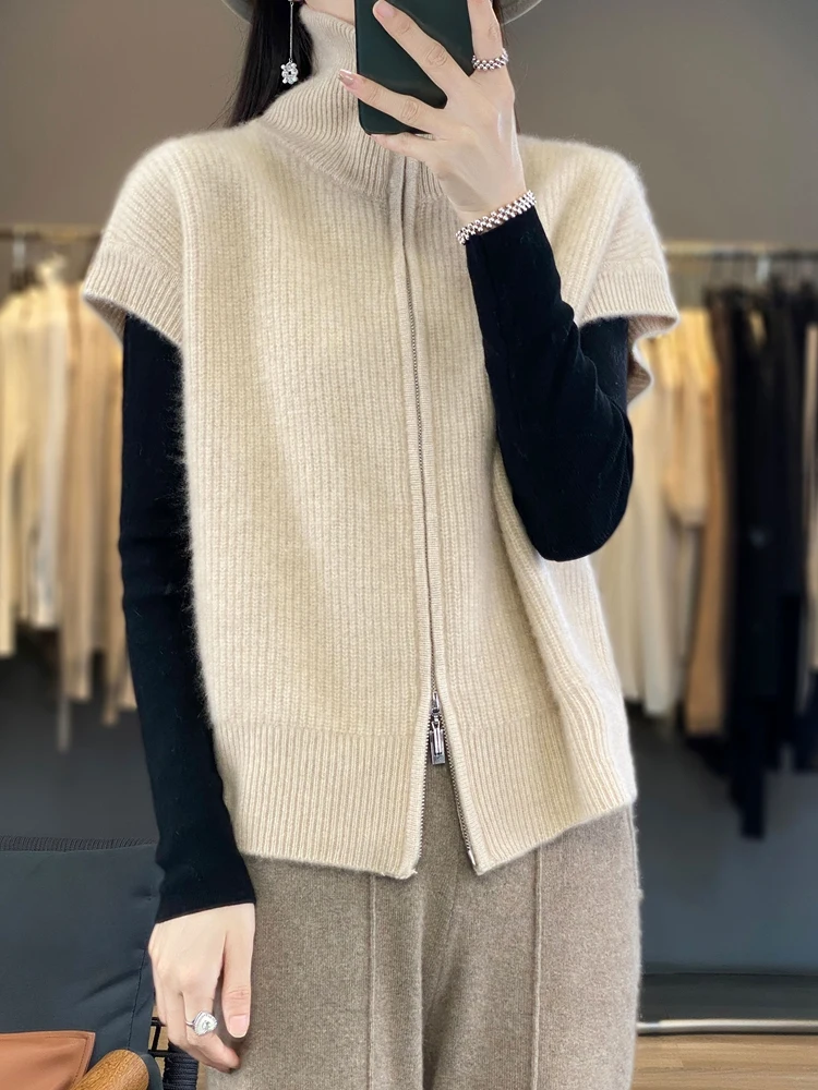 Qingdao Brand Ordos High Ne Camere Vest Autunno Inverno Colletto rovesciato Doppia cerniera Cardigan aperto Gilet da donna