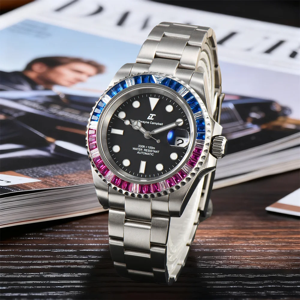 40.5 مللي متر ساعة ساعة رجالي عالية الجودة طائرة فضية الياقوت ساعة زجاجية NH35 ساعة يد تعمل بالحركة NH35 الماس رصع ساعة