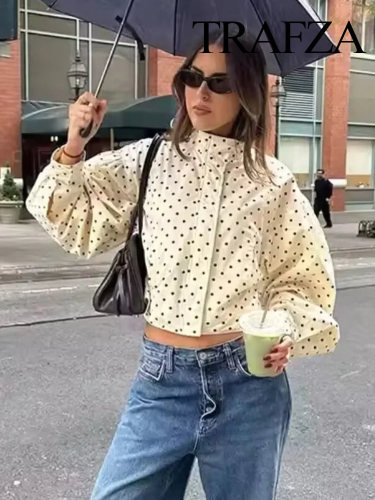 

TRAFZA Autumn Women's Chic Zipper Button Polka Dot Print Design Short Jacket Woman Pocket Long-Sleeved Casual Coat Mujer