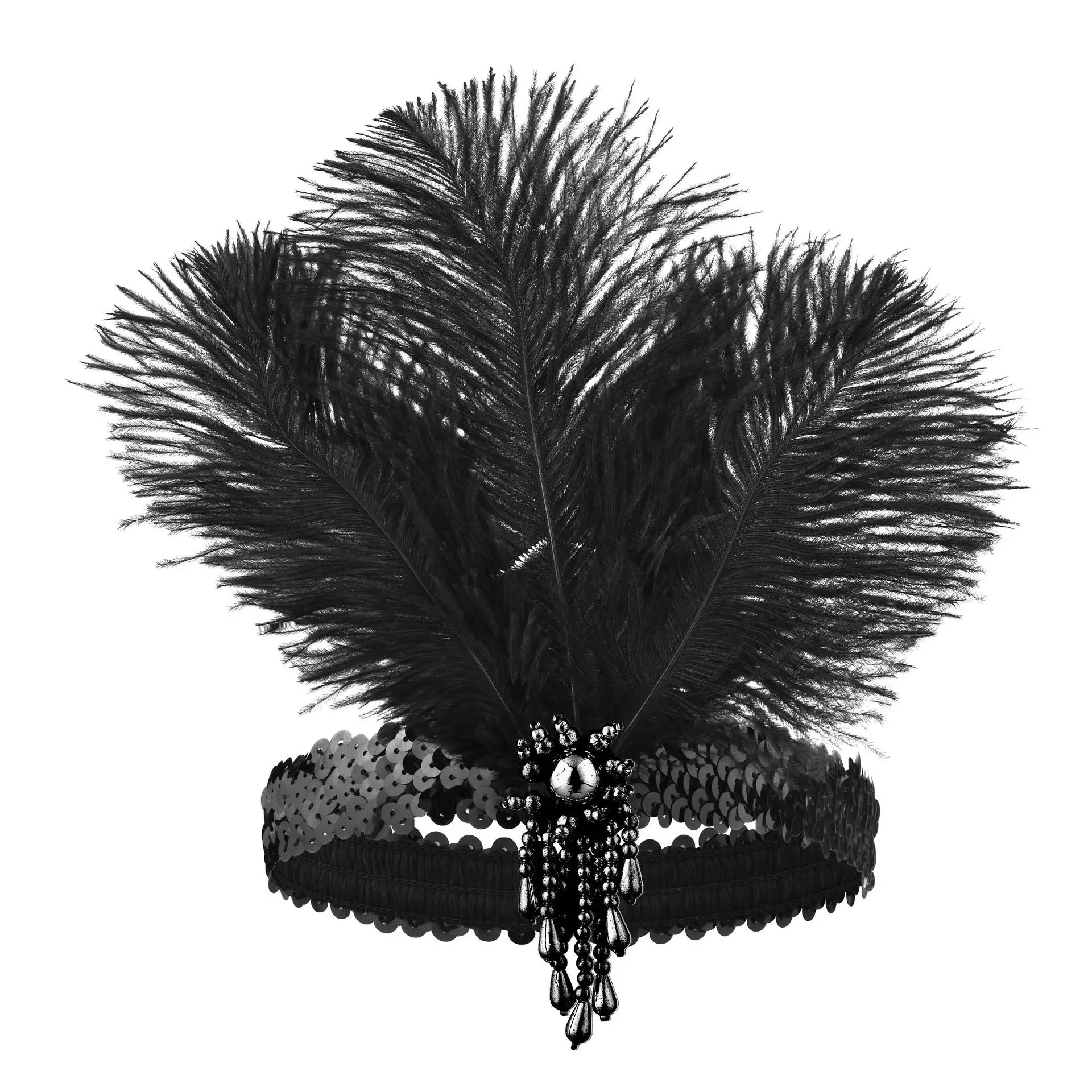 Women\'s Black Hair Accessories Beaded Sequin Hair Band 1920s Retro Gatsby Single Party Ladies Headwear Dress UP Feather Headband