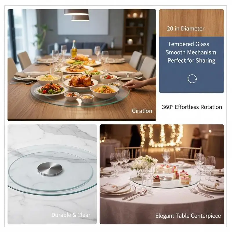

Tempered Glass Rotating Platter 20 inch For Family Gatherings Banquets Weddings, 360 Degree Spin Smooth Silent Table Centerpi