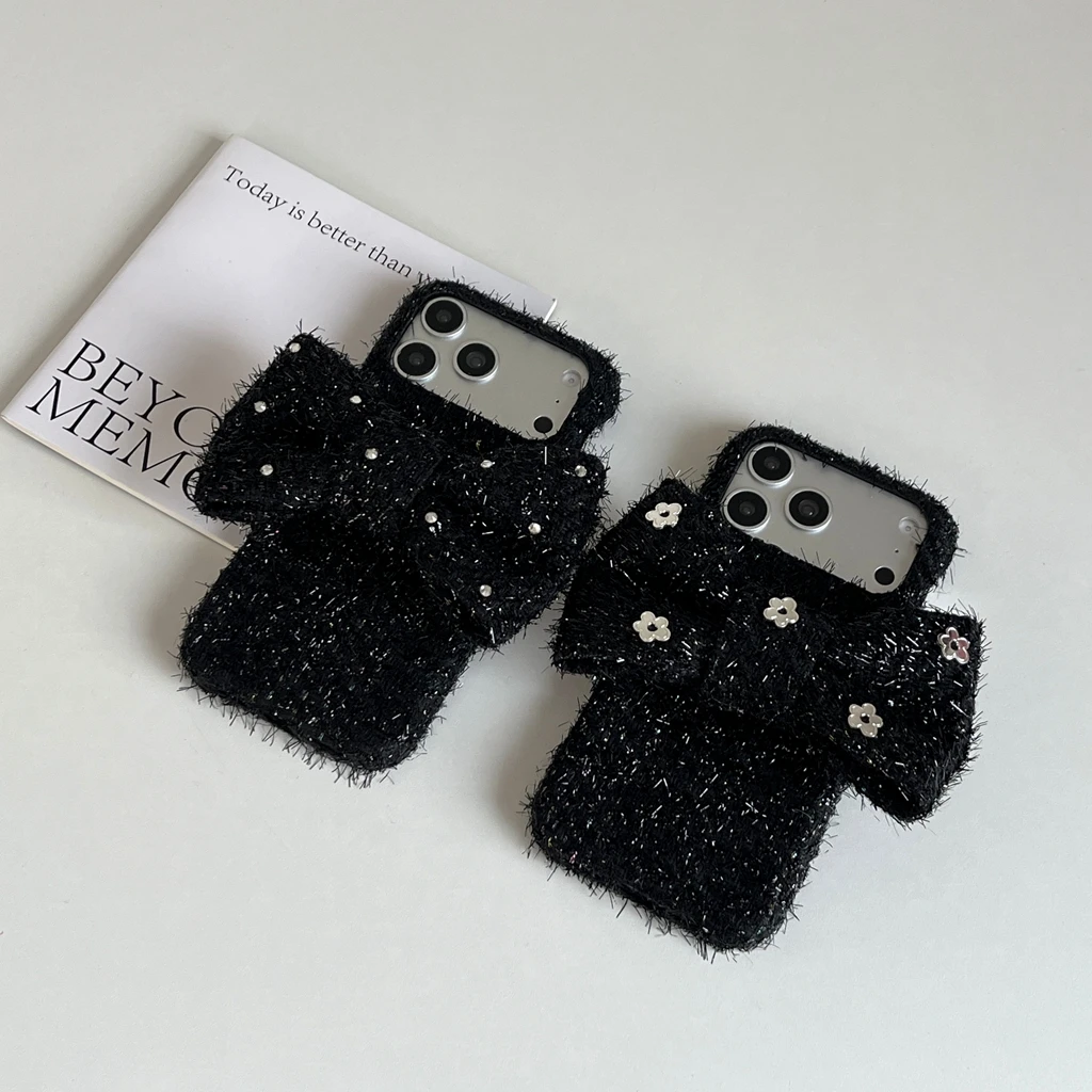 

Модный милый черный противоударный защитный чехол для телефона с большим бантом и блестками и цветком для iPhone 17, 16, 15, 14 Pro Max
