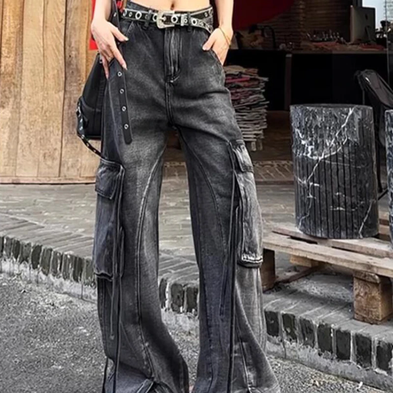 Cargo Pants Women Vintage Streetwear Jeans Mopping Denim Bell Bottom Pants Korean Style Fashion High Waisted Jeans Y2k Z324