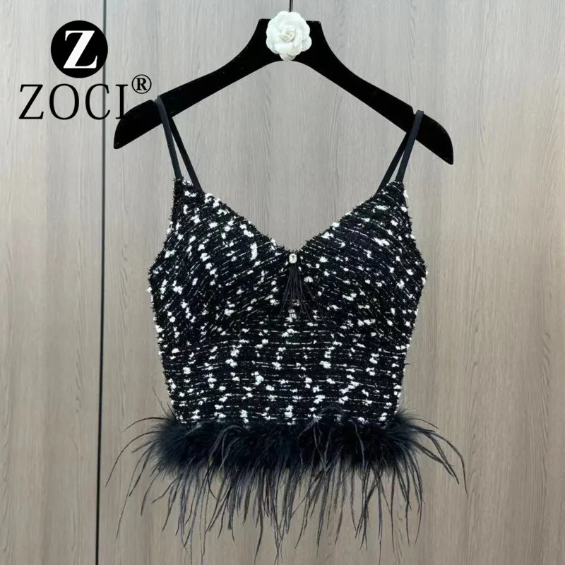 [ZOCI] 2024 Autumn Winter Slim Shoulder Strap Contrasting Ostrich Fur Splicing, Receiving Waist Slimming, French Style