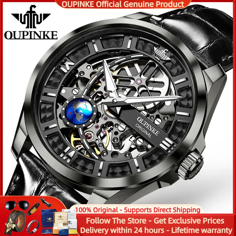 

OUPINKE 3268 Luxury Men Fully Automatic Mechanical Watch Fashion Hollow 3D Rotating Earth Watch Sports Men Waterproof Clock