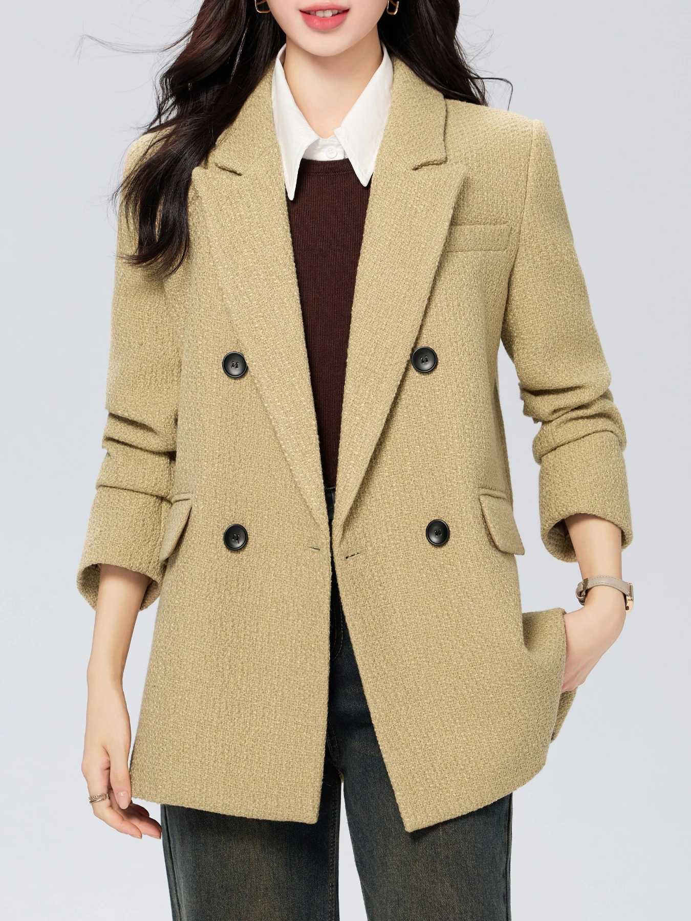 ウール混紡無地ピークドラペルブレザーダブルブレストルーズ長袖スリムプロフェッショナル万能スーツジャケット