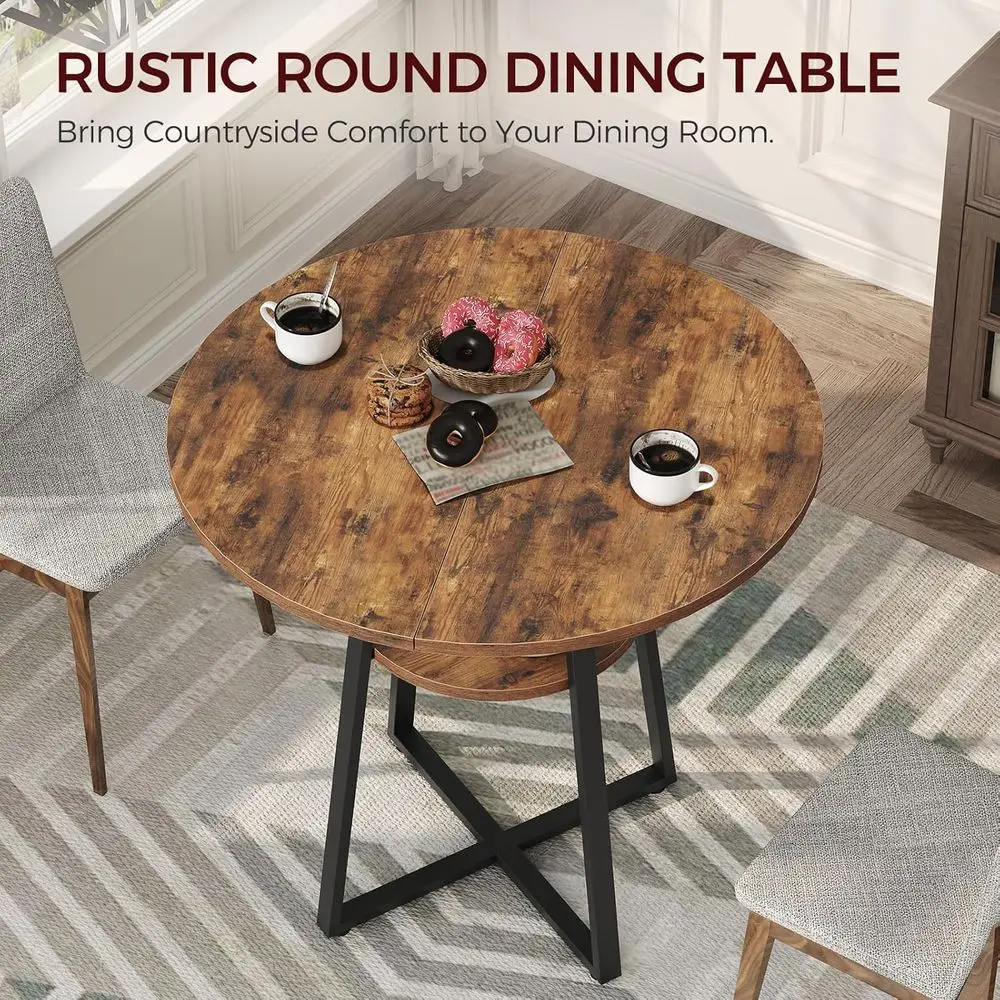 Rustic Farmhouse Dining Table, Round with Storage Shelf, for 2-4 People, Space-Saving Design, Suitable for Kitchen, Dining, Livi
