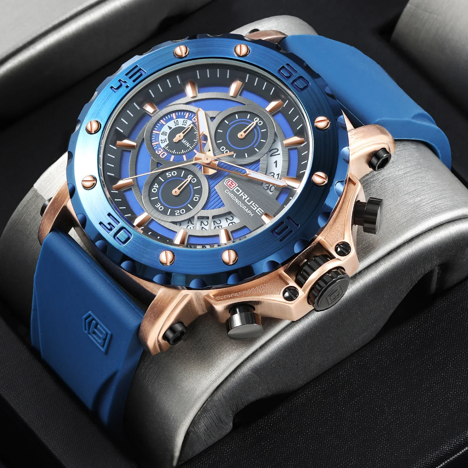 

BORUSE 2 шт. Модные мужские синие часы с силиконовым ремешком, кварцевые наручные часы и ожерелье, комплект для мужчин, мужской Reloj Hombre, хороший подарок