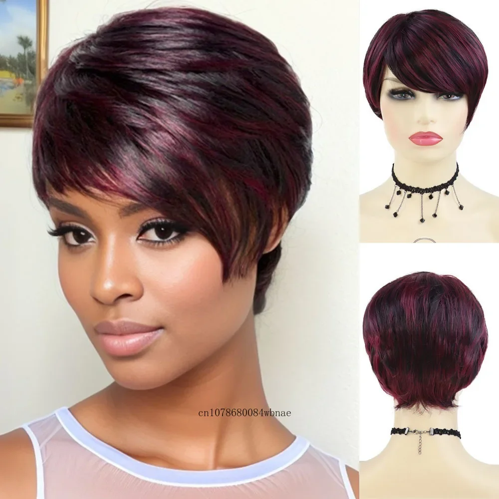 Synthetic Hair Pixie Cut Wigs Short Straight Mix Wine Red Color Wig with Side Bangs for Women Daily Party Cosplay Heat Resistant