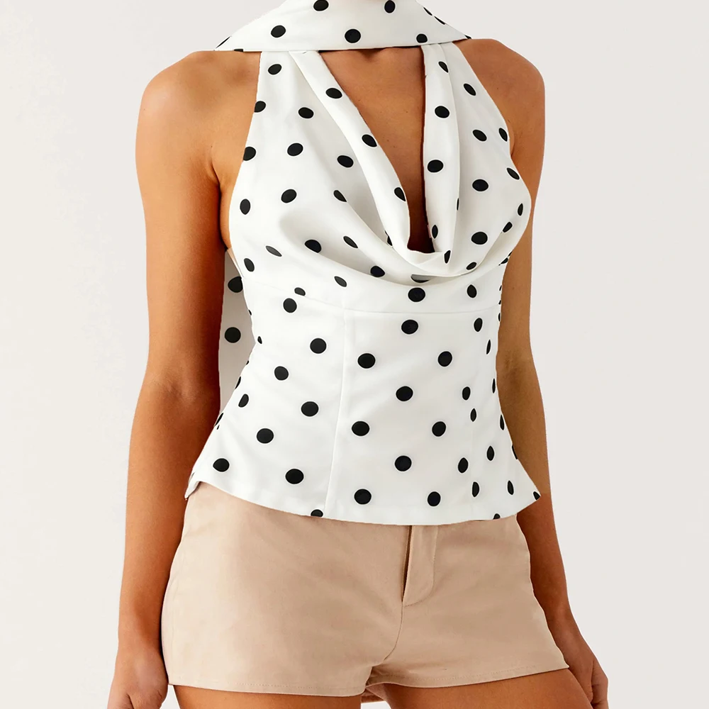 セクシーな水玉模様のプリントベスト、女性用、y2kヴィンテージ、バックレス、ホルターネック、vネック、スキニー、ベーシック、シックなタンクトップ、スカーフ付き、ビーチパーティーに