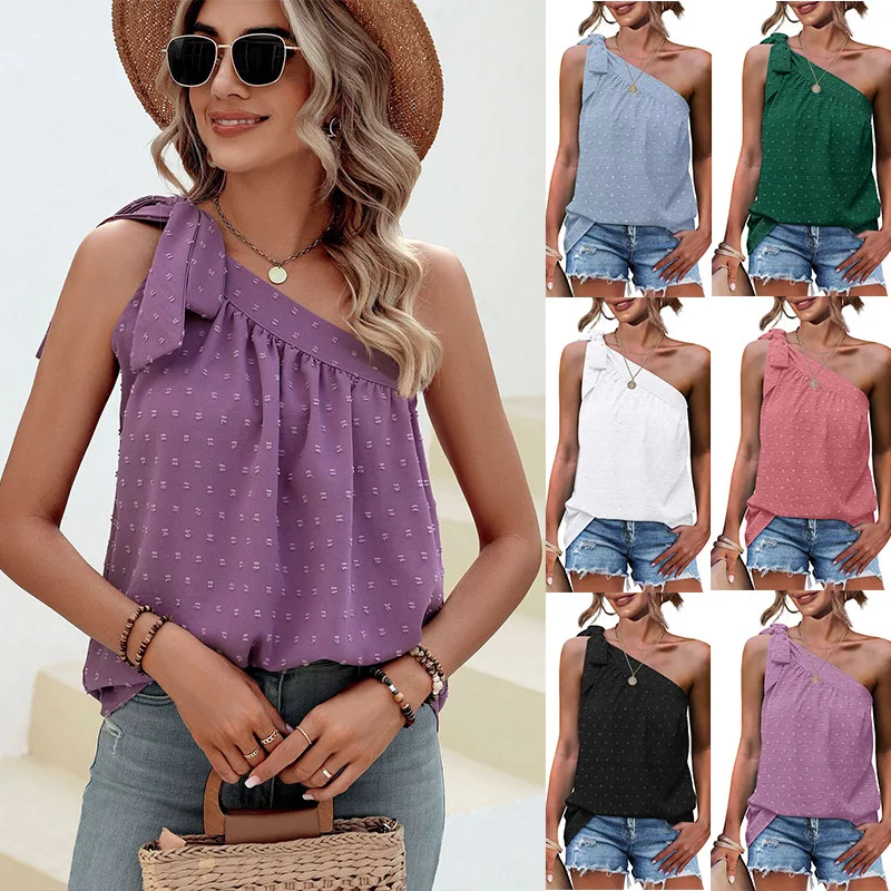 

Women's 2024 Summer New Product Slanted Shoulder Lace Bow Loose Sleeveless Tank Top