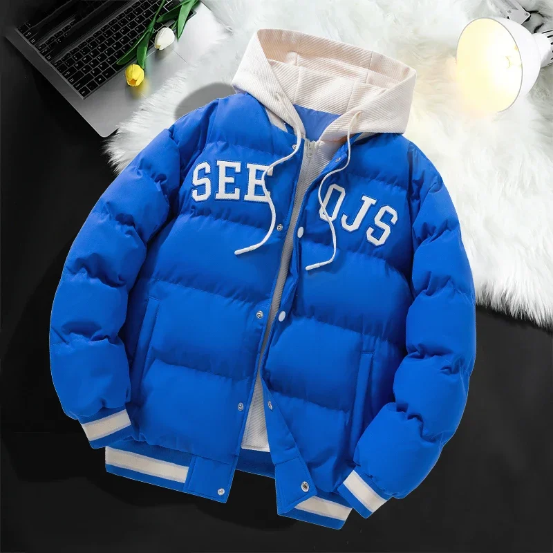 New 2024 Puffer Jacket Men Fashion Harajuku Fake 2 Pieces Embroidered Warm Windproof Parka Male Preppy Thickened Jacket Winter