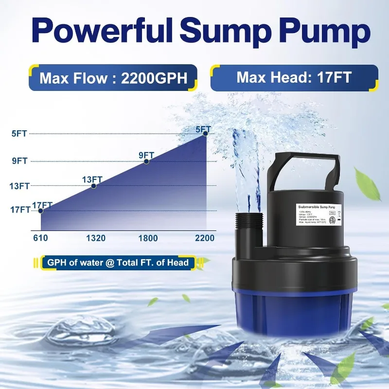 2200GPH 1/2HP Portable Sump Pump for Pool Draining, Pool Cover Pump with 25 FT Power Cord for Basements Pool Fountains Garden