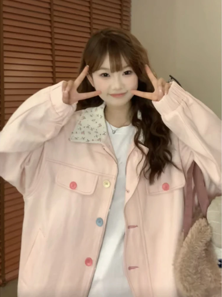 

Pink Floral Print Contrast Color Collar Jaet Women's Spring Autumn Loose Sweet Cute Design Small ence ort Coat