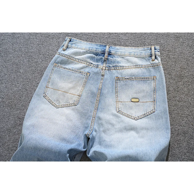 

2025 New Spring and Summer Trendy Brand Loose Straight leg Jeans for Men and Youth, Retro High Street Gradient Blue Pants