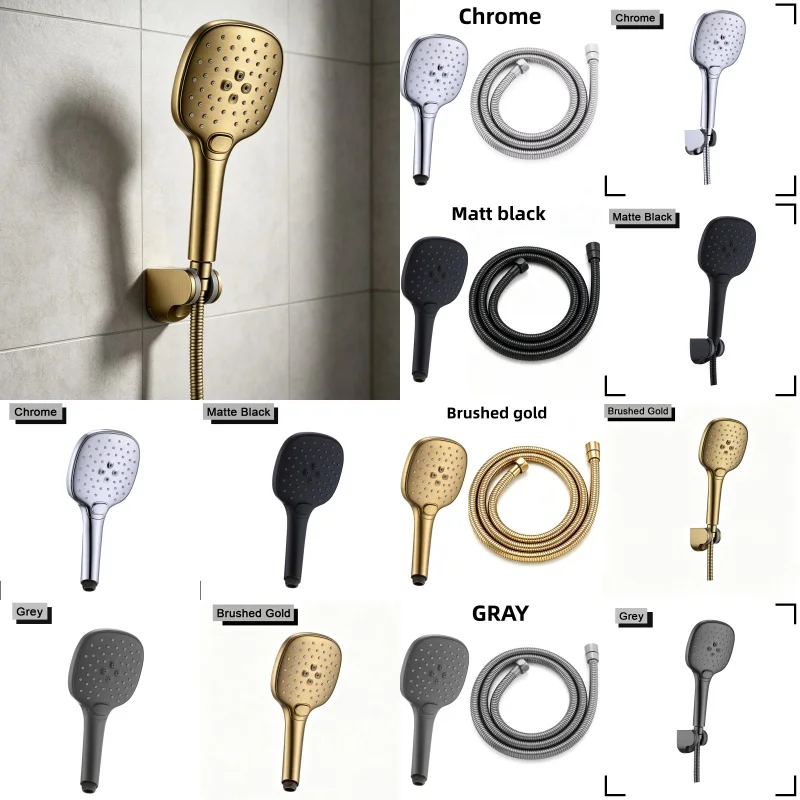 Three-Funtions Handheld Shower Head Set High Pressure Explosion-proof Hose & ABS Plastic Holder Brushed Gold for Bathroom