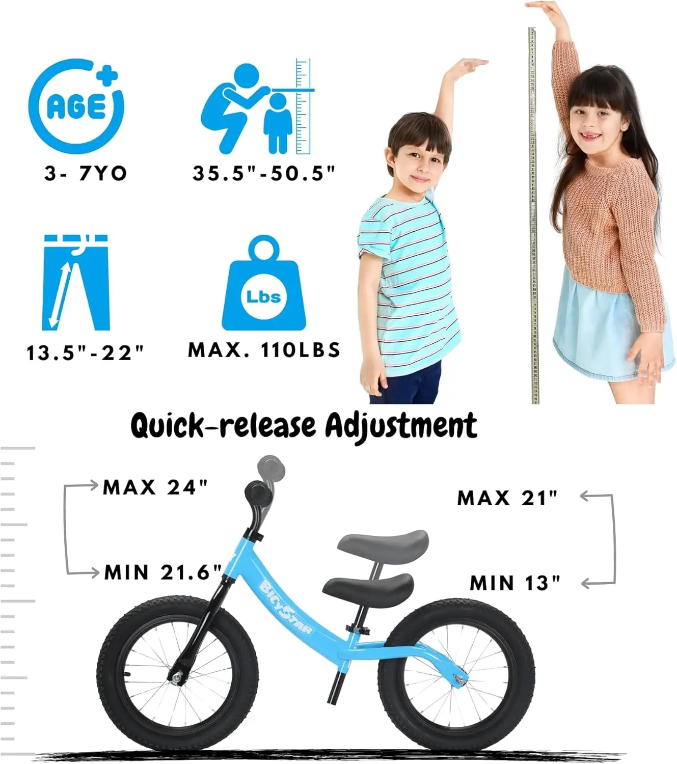 14 Inch Balance Bike for Kids 3-7 Year Old, Kids Bike with No Pedals, Air Rubber Tires, Adjustable Height, Foot Rest, Pedalless