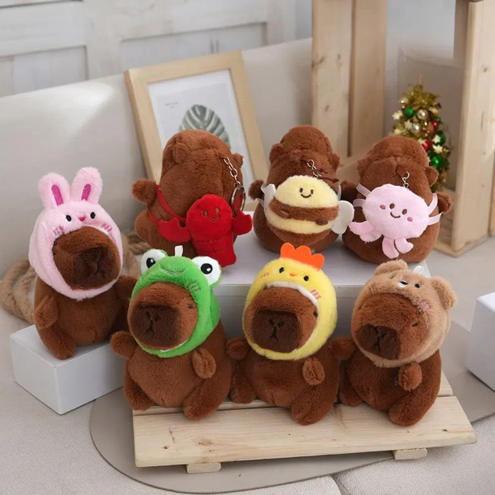 Cute Capybara Key Chain with Bee Rabbit Frog Bear Hat Cartoon Backpack Pendant Bag Accessories Plush Animals Toy Birthday Gift