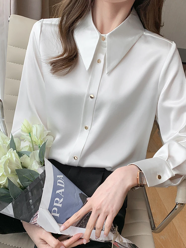 

Women Elegant Solid Lapel Chiffon Blouse Casual Long Sleeve Loose Shirt Office Lady Loose Top Vintage Buttons Blusas 2024 S69