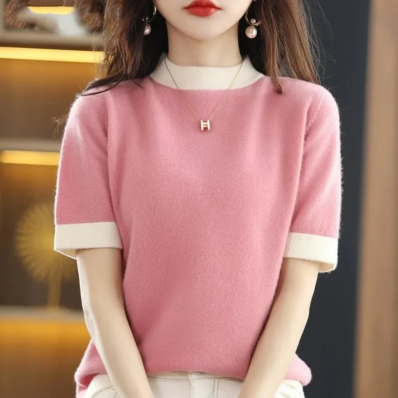 Spring Summer New Women Contrast Color Wool Sweater O-neck Pullover 100% Wool Cashmere  T-shirt Bottoming Knitted Sweater Tops