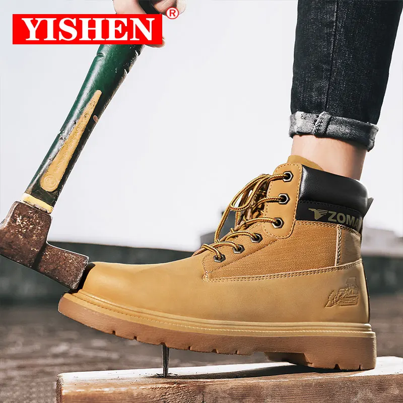 

YISHEN Steel Toe Safety Boots For Men Leather Shoes Anti-smashing Anti-puncture Anti-static Protective Work Boots Man Shoes