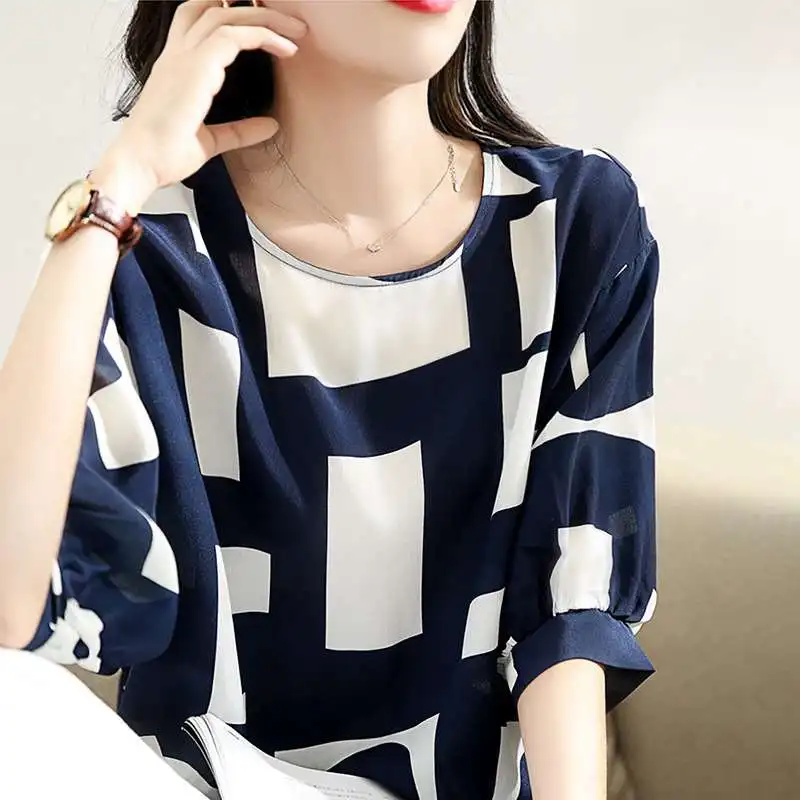 

Blue Chiffon irt for Women Summer New Sle Design Sense round Ne Seven Sve Polyester Fiber 00% Commute Sle