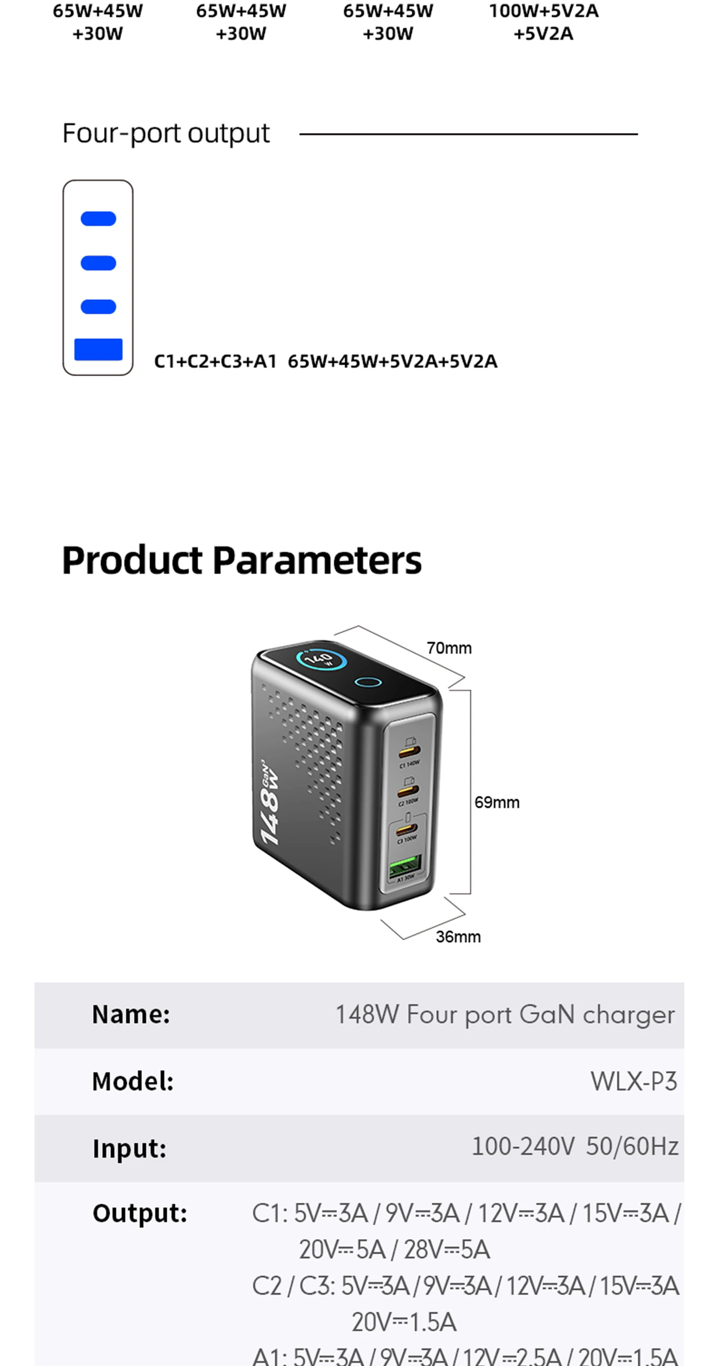 148W GaN Wandmontiertes Multi-Port-Ladegerät mit Display, 4 USB-C und 1 USB-A Schnellladeadapter für Handys und Tablets – Detail 2