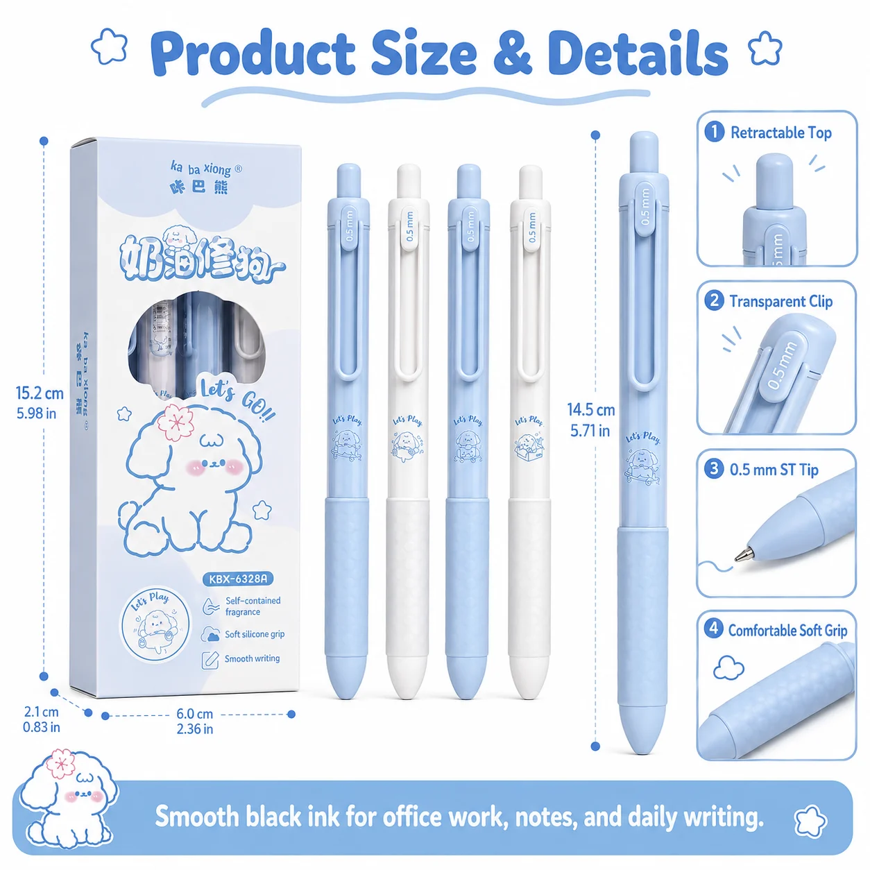 Kawaii Dog Scented Click Gel Pen Set 4Pcs, 0.5mm Fine Point Soft Grip Black Ink Pens for Student Daily Writing