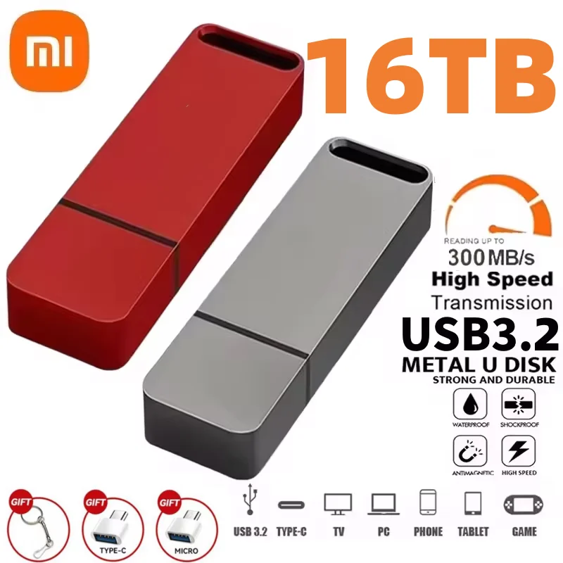 Xiaomi 16TB OTG Металлический флэш-накопитель USB 3.2 Высокоскоростной флэш-накопитель 8TB Тип C Портативная мини-память Водонепроницаемый