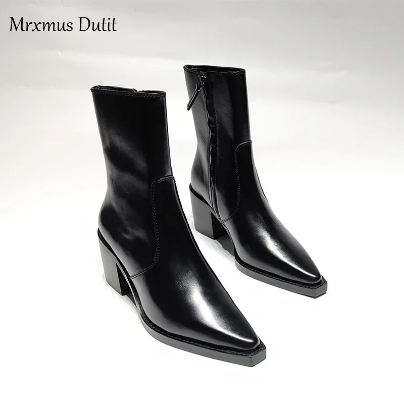 Mrxmus Dutit 2024 Women New Autumn Winter Genuine Leather Rough Heel Pointed Head Boots Shoes Simple Fashion Shoes Female Chic