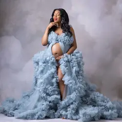 Glamorosos batas de maternidad azules para fotografía, vestidos de mujer embarazada con volantes escalonados, vestidos de Baby Shower con abertura frontal personalizados