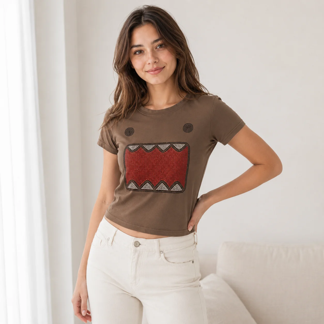Women Brown Rhinestone Monster Graphic Crop T Shirt Crew Neck Short Sleeve Slim Fit Y2K Streetwear Summer 2026 Hot New Tee Shirt
