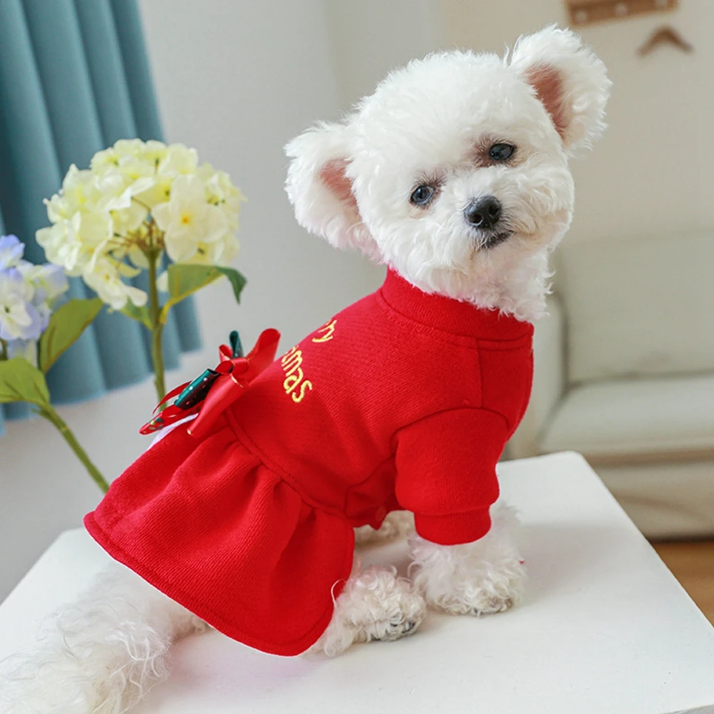 Christmas Dog Princess Dress Autumn Winter Warm Fleece Skirt Christmas Elements Bow Tie Dress Up Small Dog Cosplay Costume