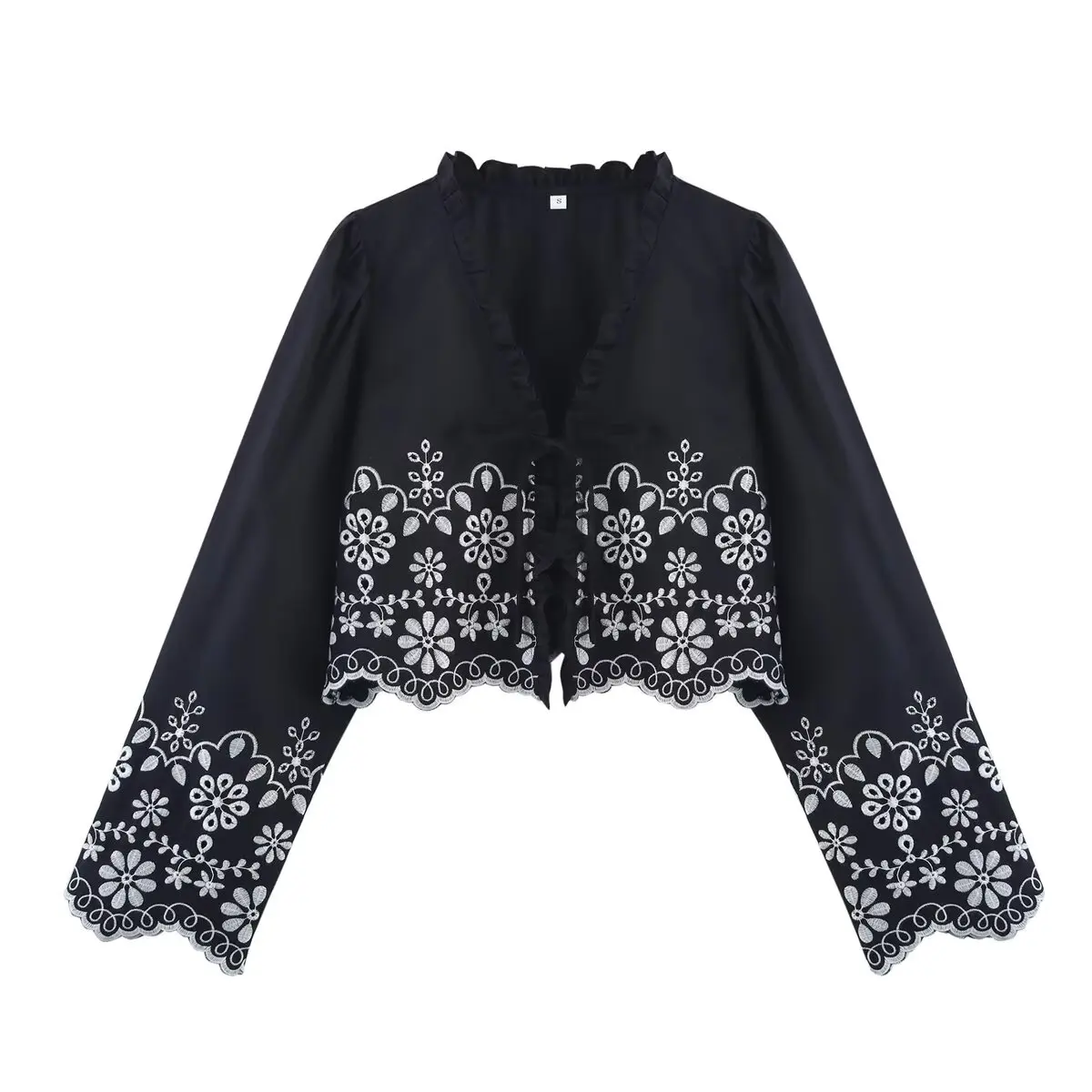 

2025 Summer New Women's Embroidered Cotton Blend Hollow out Top irt Loose Fit Long Sve Flip Collar Regular Length ...