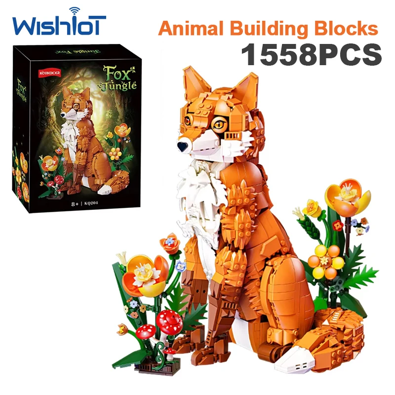 Forest Fox Building Blocks Set Large Sitting Animal Brick Model with Flowers Mushroom Assemble Bricks Toy