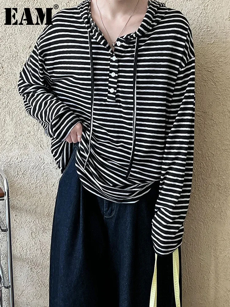 [EAM] Black White Striped Casual Sweatshirt New Hooded Long Sleeve Women Big Size Fashion Tide Spring Autumn 2023 1DH7033