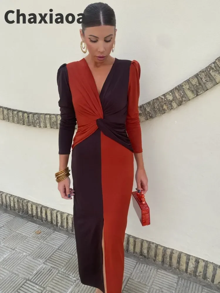Chaxiaoa Elegant Sleeveless Color Block Long Sleeve Dress Women Sexy V-neck Bodycon Party Evening Dress Winter New Vestidos 2026