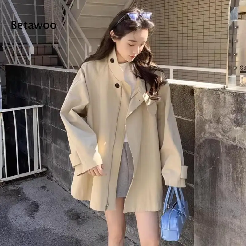 Women Lapel Collar Zip Button Short Trench Coat Loose Long Sleeve Back Ruffle Cape Design Casual Windbreaker Outerwear