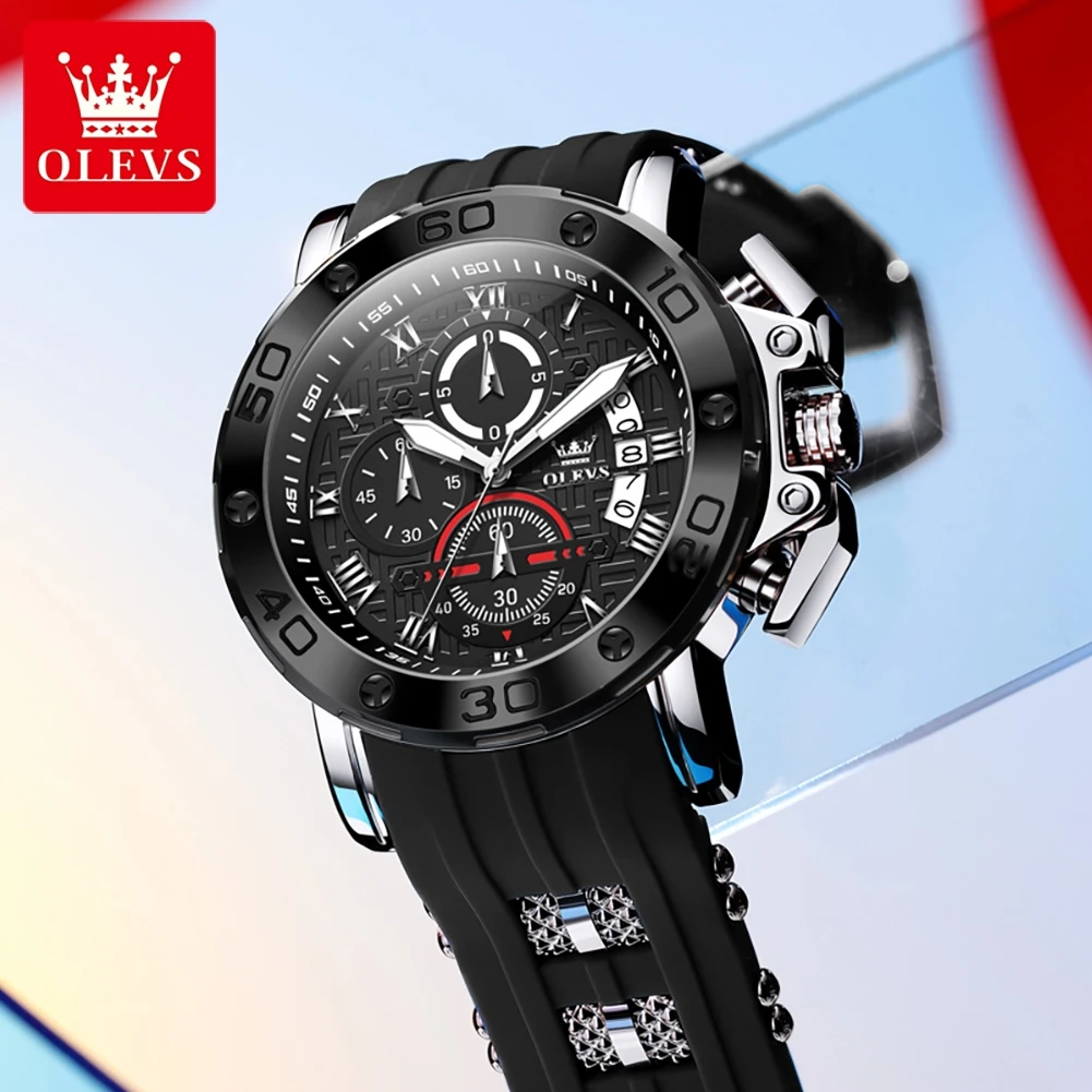 OLEVS 9986 Man Watch Street Style Silicone Strap Men's Watches 51mm Large Dial Chrono Auto Date Original Quartz Watches for Men