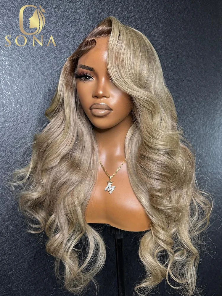 

180 Density Ombre Ash Blonde With Dark Roots Colored Honey Blonde 13X6 13X4 Lace Frontal Wig For Women Human Hair Body Wave