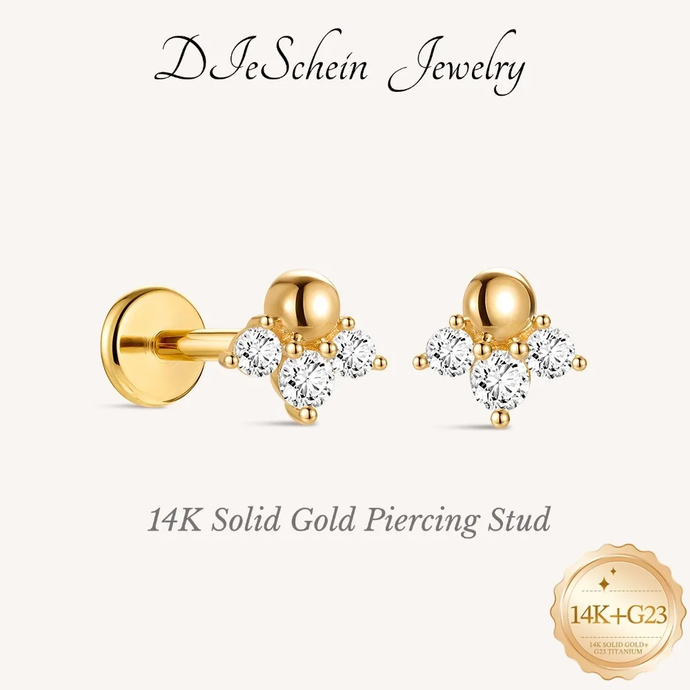 DIeSchein 14K Solid Gold Flat Back Single Stud Earring 5/6/8mm Post Length Tiny Piercing Hypoallergenic Minimalist Gold Earring
