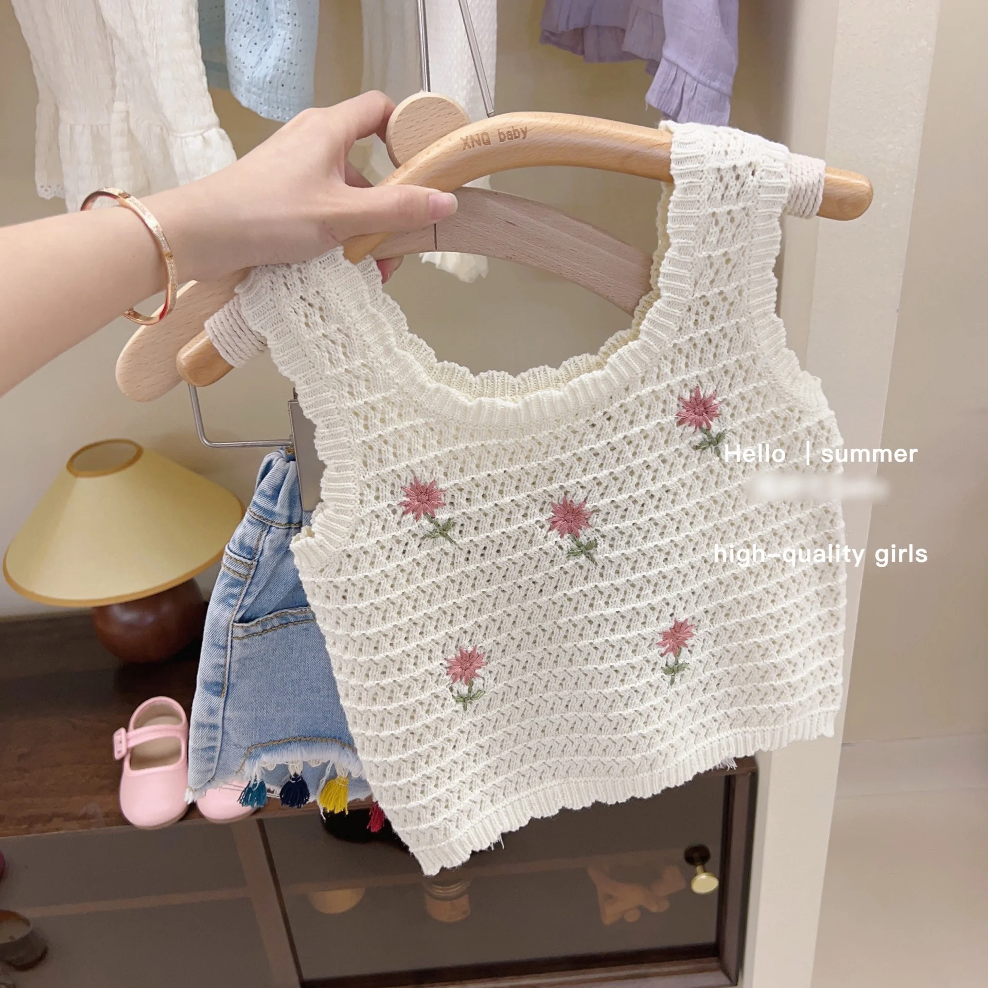 Girls Summer Clothes Set Embroidery Flower Sleeveless Knitted Vest Tassel Denim Shorts 2Pcs Suit Gilrs Casual Outfits